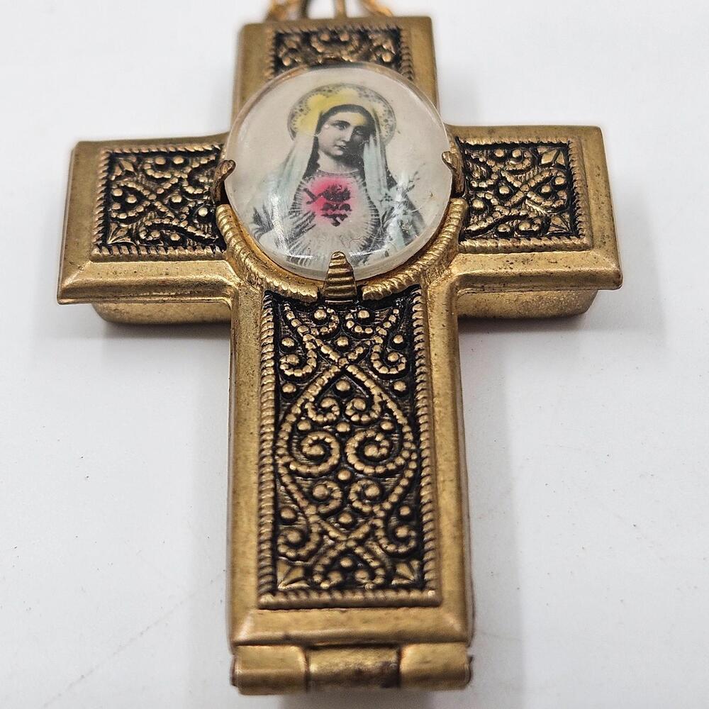 Vintage Czech Catholic Reliquary Cross Devotional Locket Sacred Heart Mary